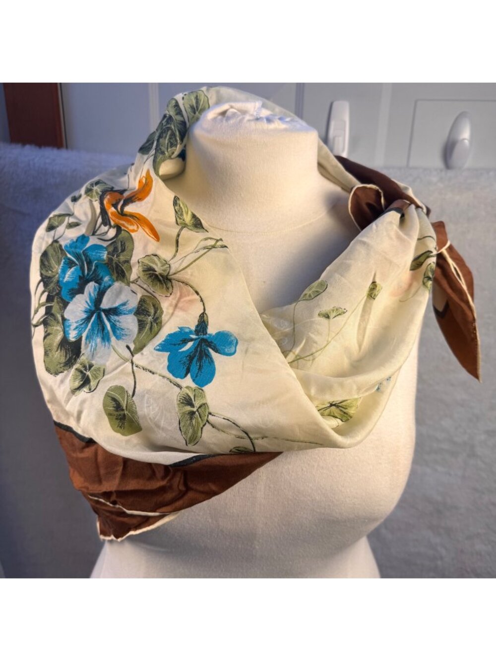 Vintage Floral cream Silk Scarf With Brown Border, Blue and Orange Flowers chic